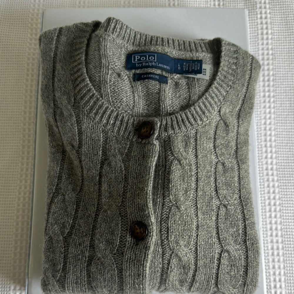 Polo Ralph Lauren Grey CASHMERE (L)Cable-Knit SFA Crewneck Cardigan -Like New - Picture 12 of 14